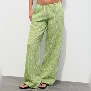 Sz XS ZARA LIGHT LIME GREEN BLACK STRIPES WRINKLE EFFECT PAJAMA WIDE LEG PANTS